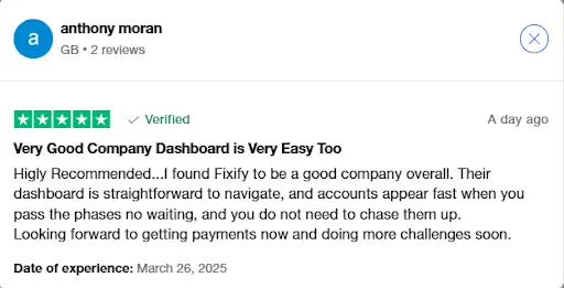 Trustpilot review 1 FXIFY