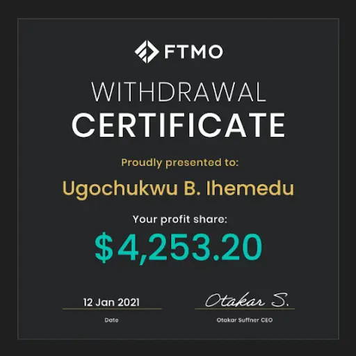 Withdrawal certificate Ftmo payment proof